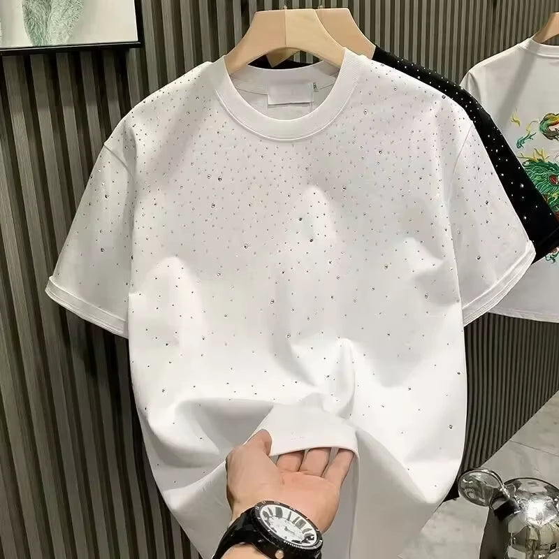 Summer Men Clothing Summer Rhinestone Rivet T-Shirt round Neck Casual T-Shirt Korean Version Men'S Short Sleeves Tee