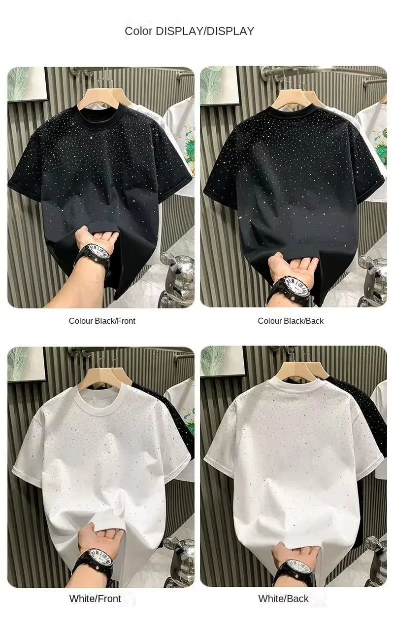 Summer Men Clothing Summer Rhinestone Rivet T-Shirt round Neck Casual T-Shirt Korean Version Men'S Short Sleeves Tee