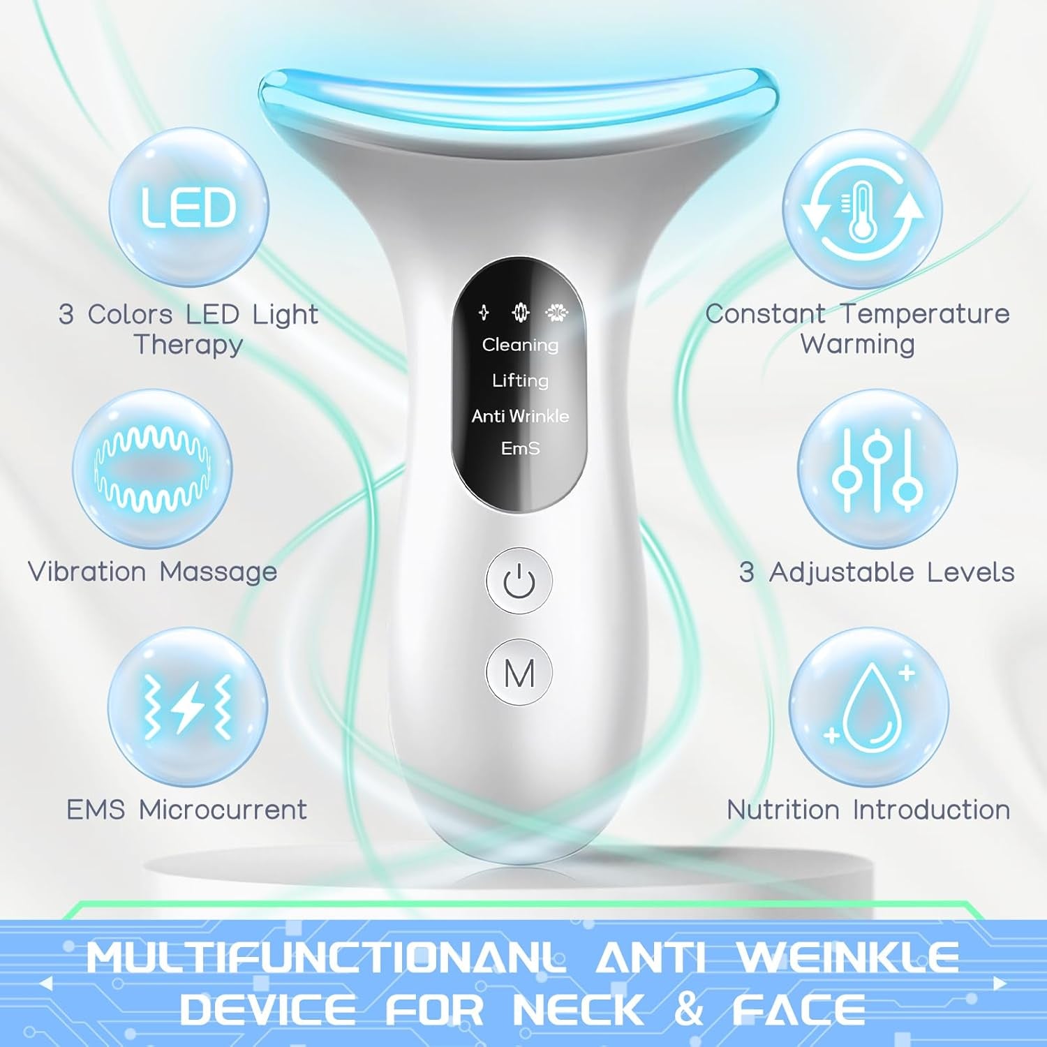 Electric Face Massager, Anti-Wrinkle Device with 4 Modes, Vibration Facial Neck Massager, Skin Rejuvenation Device with Thermal, Triple Action LED, Anti-Aging Neck Eye Massager for Skin Care