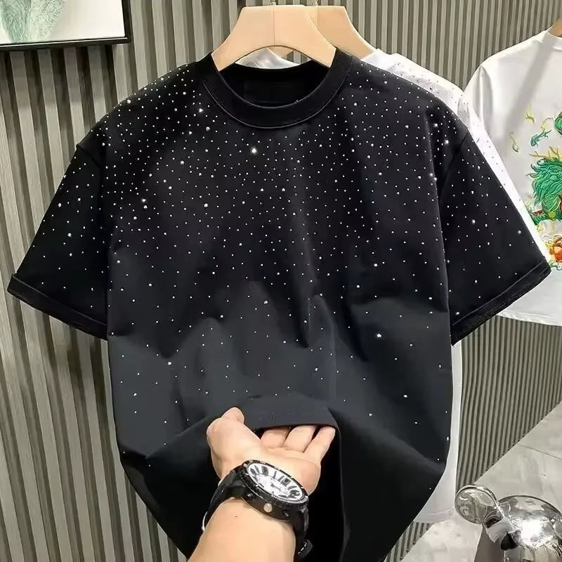 Summer Men Clothing Summer Rhinestone Rivet T-Shirt round Neck Casual T-Shirt Korean Version Men'S Short Sleeves Tee