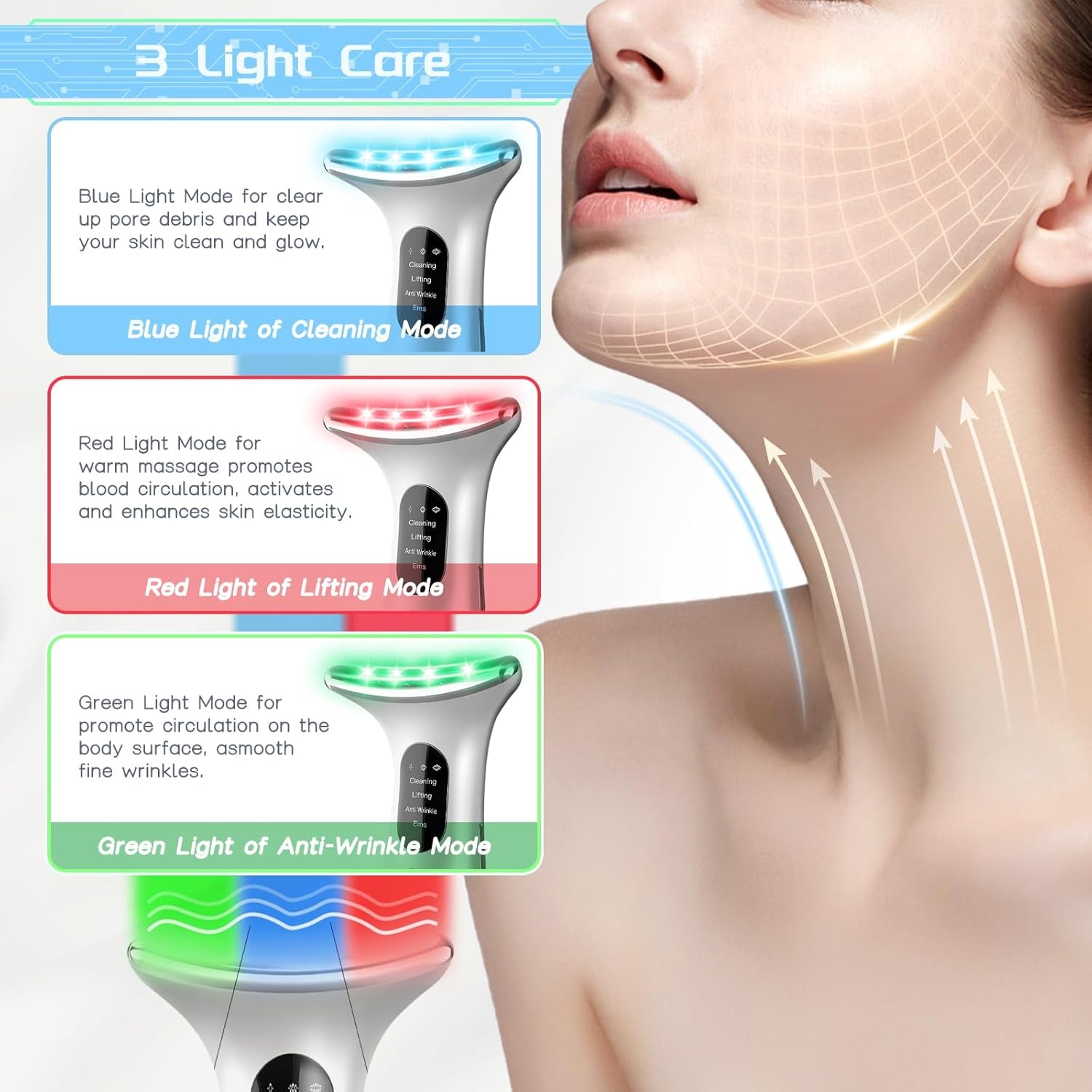 Electric Face Massager, Anti-Wrinkle Device with 4 Modes, Vibration Facial Neck Massager, Skin Rejuvenation Device with Thermal, Triple Action LED, Anti-Aging Neck Eye Massager for Skin Care