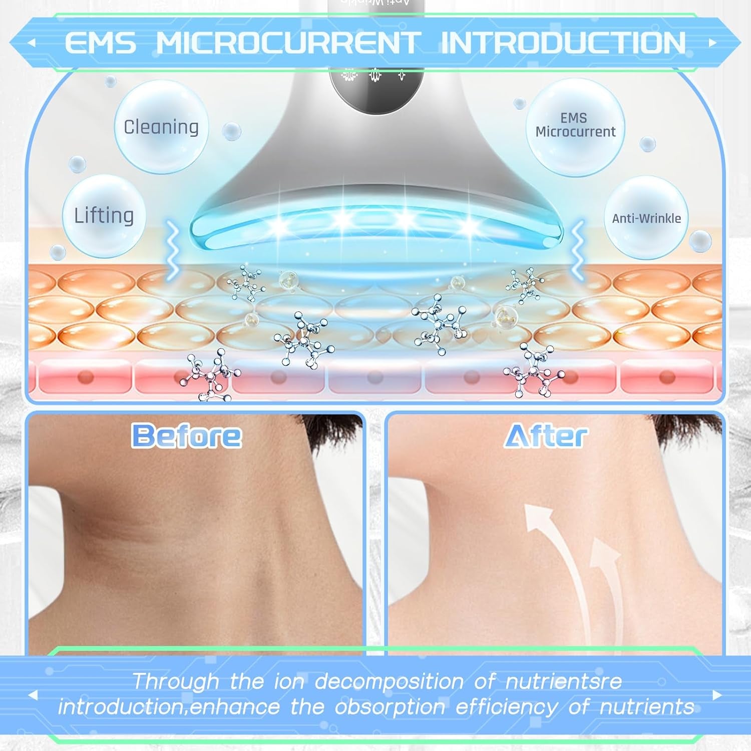 Electric Face Massager, Anti-Wrinkle Device with 4 Modes, Vibration Facial Neck Massager, Skin Rejuvenation Device with Thermal, Triple Action LED, Anti-Aging Neck Eye Massager for Skin Care