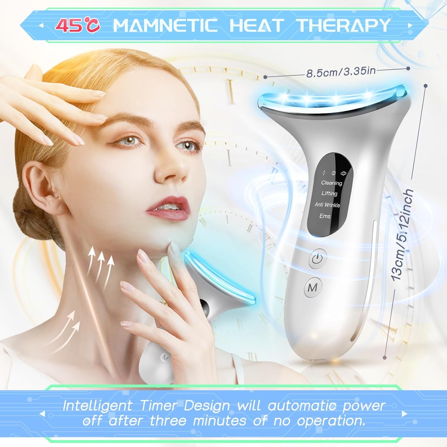 Electric Face Massager, Anti-Wrinkle Device with 4 Modes, Vibration Facial Neck Massager, Skin Rejuvenation Device with Thermal, Triple Action LED, Anti-Aging Neck Eye Massager for Skin Care