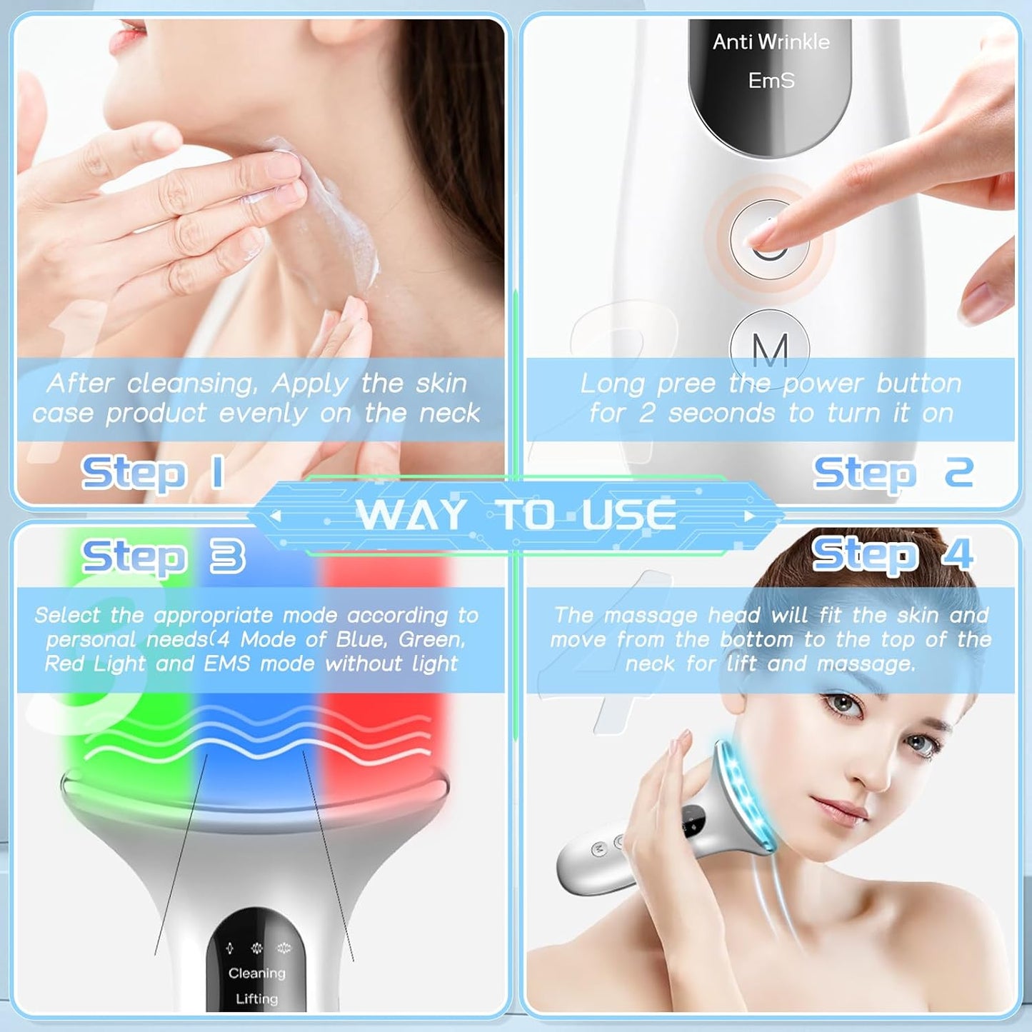 Electric Face Massager, Anti-Wrinkle Device with 4 Modes, Vibration Facial Neck Massager, Skin Rejuvenation Device with Thermal, Triple Action LED, Anti-Aging Neck Eye Massager for Skin Care