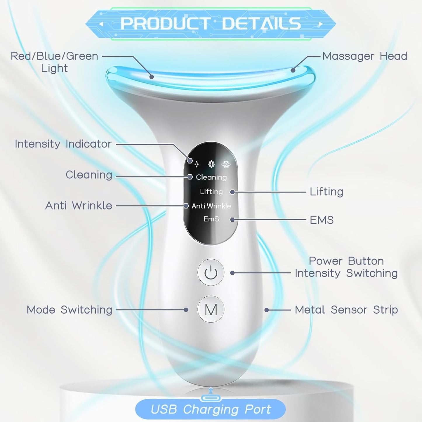 Electric Face Massager, Anti-Wrinkle Device with 4 Modes, Vibration Facial Neck Massager, Skin Rejuvenation Device with Thermal, Triple Action LED, Anti-Aging Neck Eye Massager for Skin Care