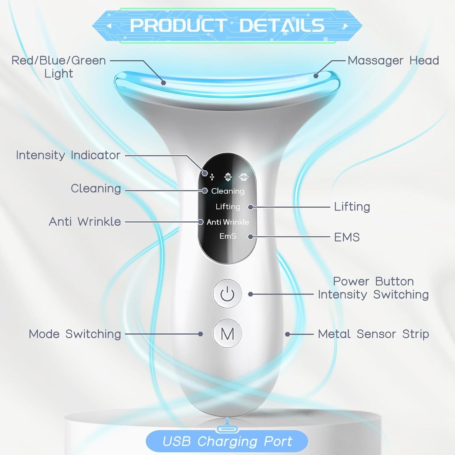 Electric Face Massager, Anti-Wrinkle Device with 4 Modes, Vibration Facial Neck Massager, Skin Rejuvenation Device with Thermal, Triple Action LED, Anti-Aging Neck Eye Massager for Skin Care